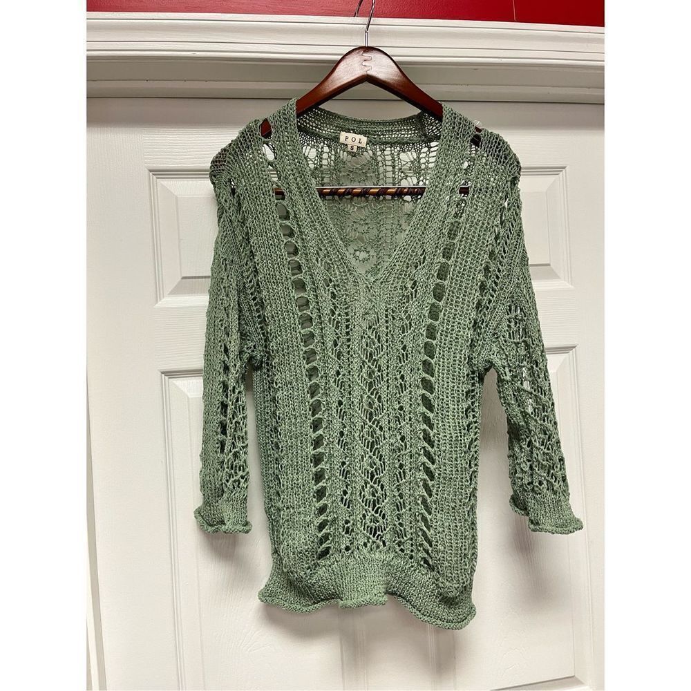 POL Green Open Knit V-Neck Sweater sz S